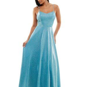 City Studios Juniors' Mesh-Back Glitter Ball Gown Cyan Blue Size 9/10